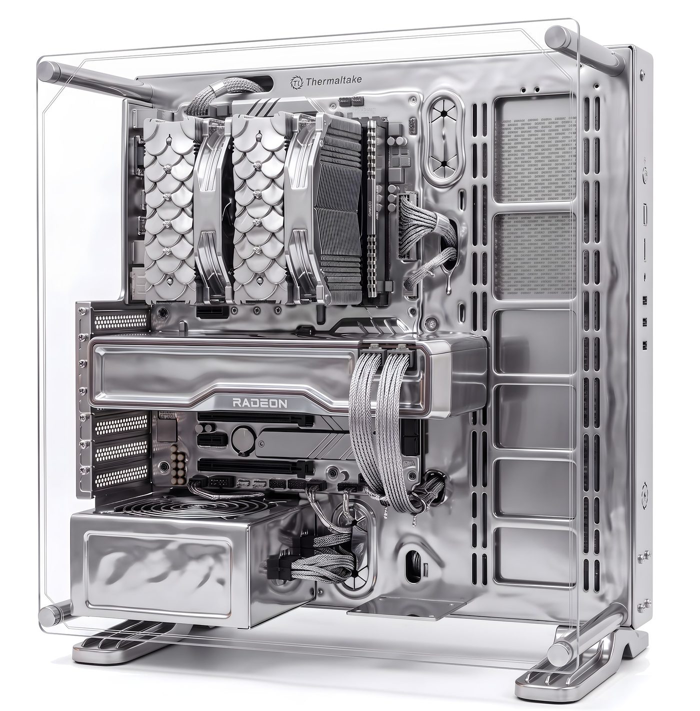 A fully-built Maximum Settings bare metal gaming rig in a chrome Thermaltake open case with Radeon graphics