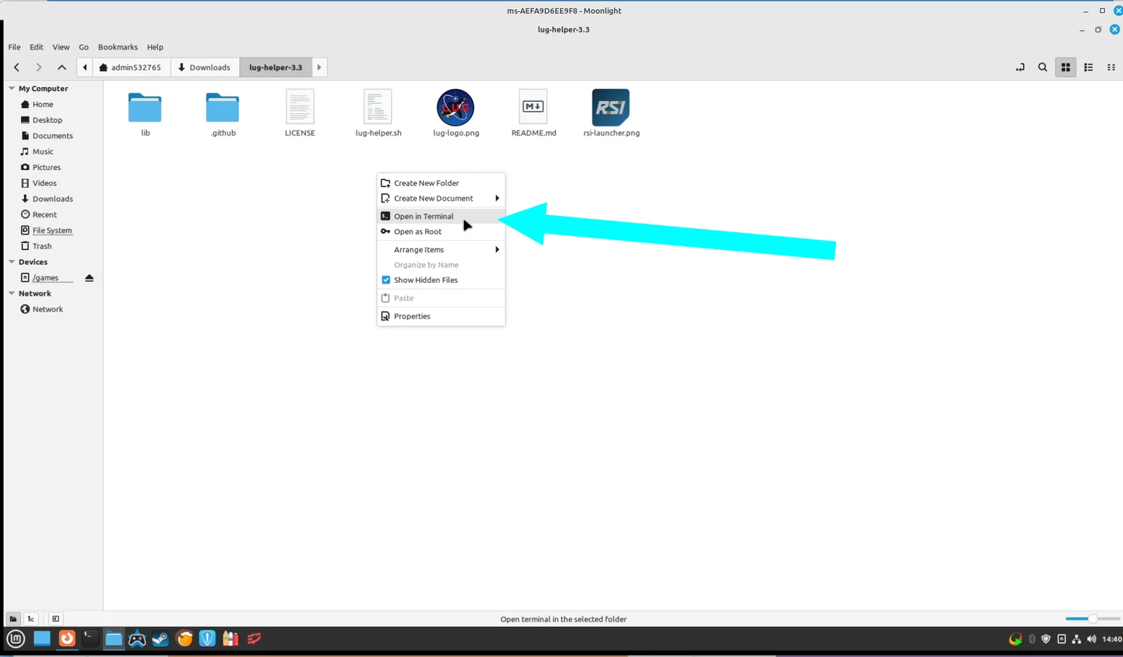 Opening a terminal inside the extracted folder