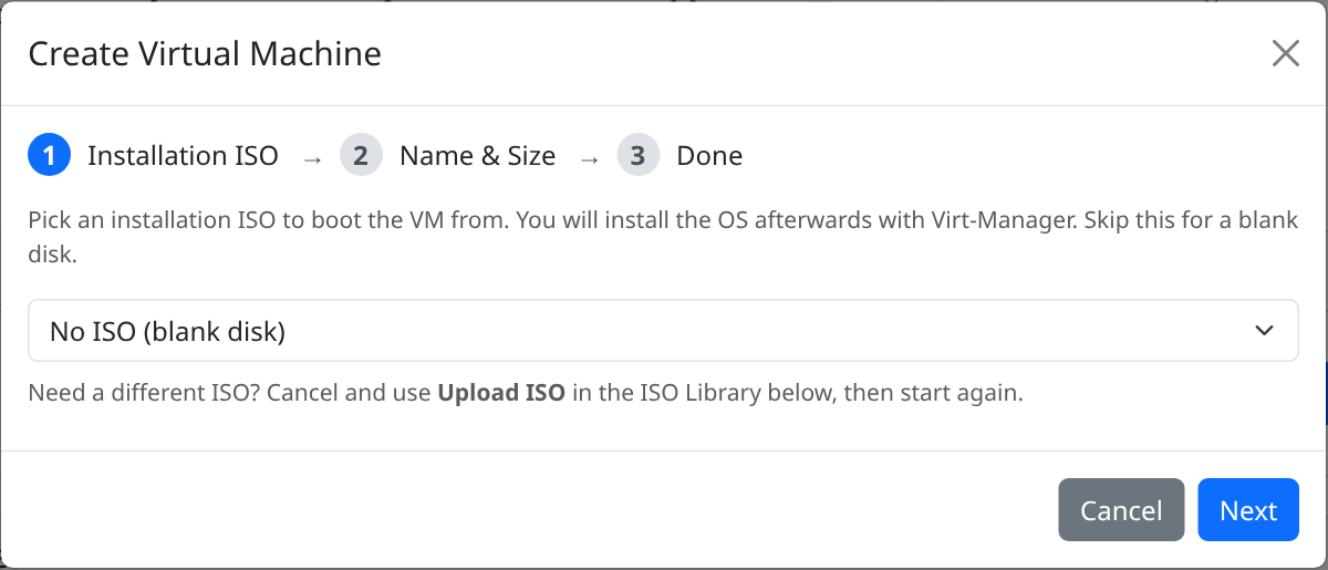 Create VM wizard step 1 — choosing the installation ISO