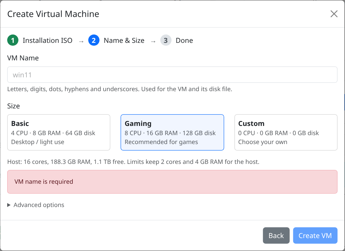 Create VM wizard step 2 — VM name and size presets