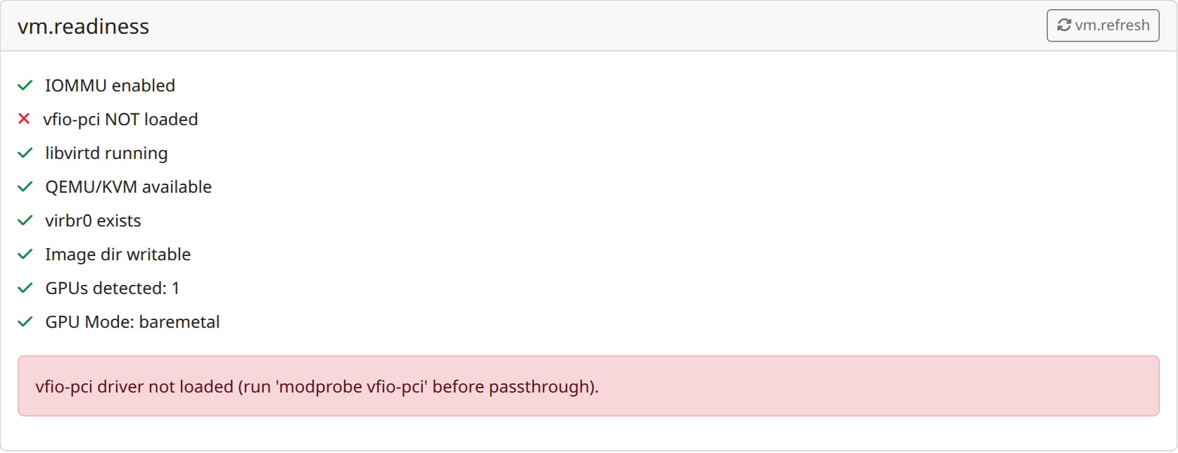 System readiness checks on the VMs page