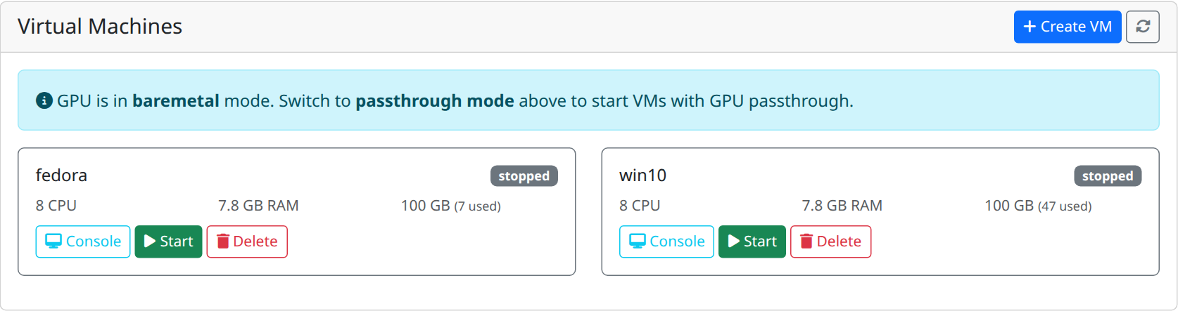 Virtual Machines list with running VMs and action buttons